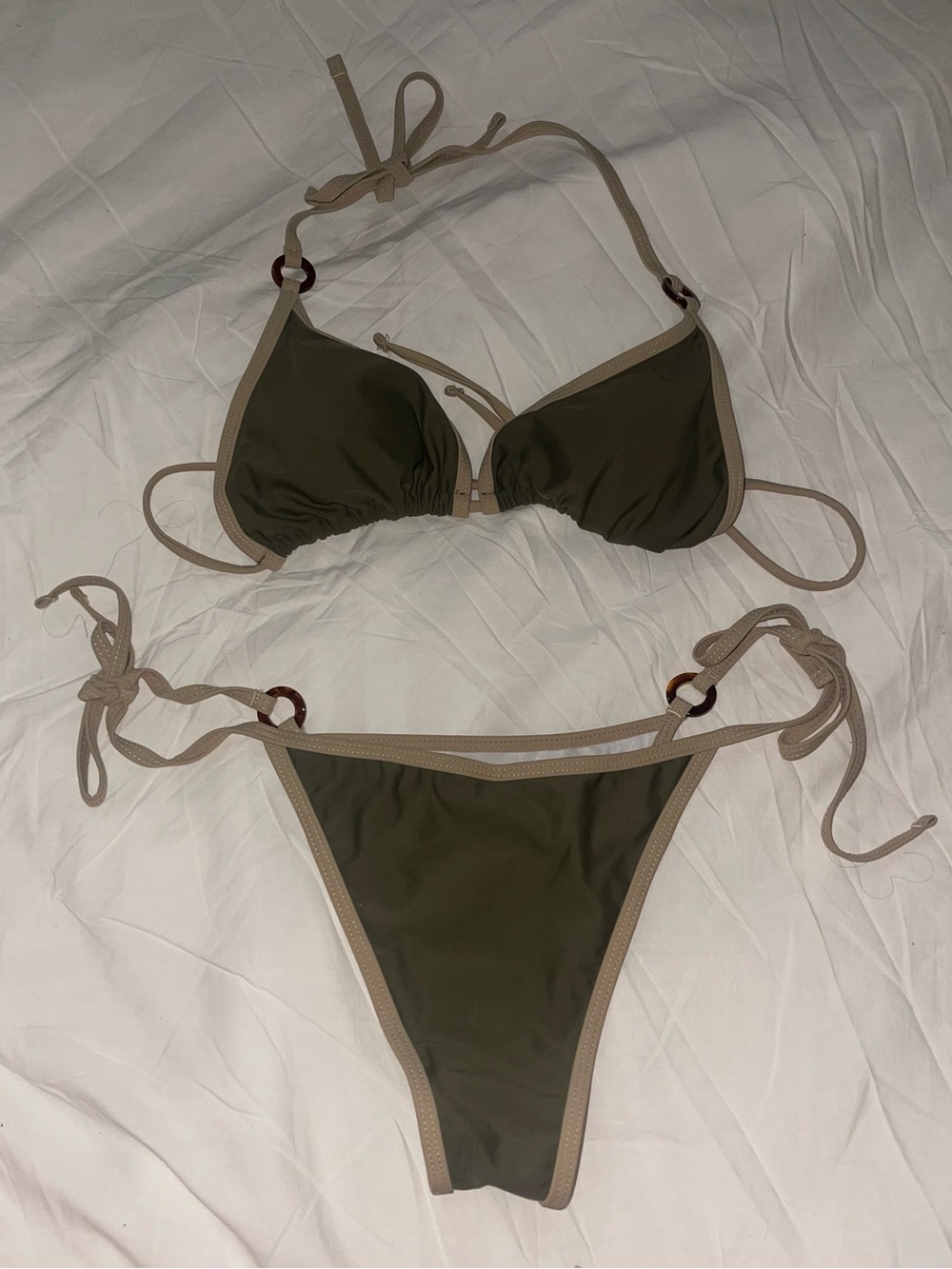 Olive Green Triangle Tie-Side Bikini with Taupe Trim